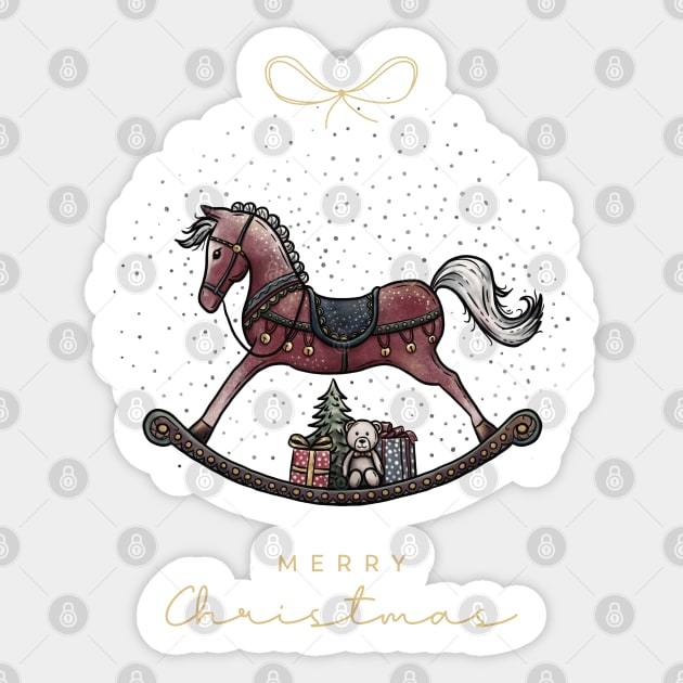 Merry Christmas lettering with Rocking Horse illustration, cute bear, gifts and Christmas tree on a blue snow background. Sticker by ChrisiMM